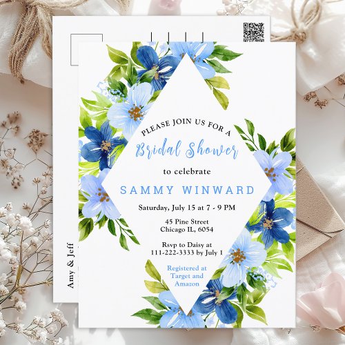 Navy and Baby Blue Floral Bridal Shower Postcard