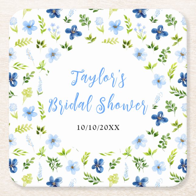 Navy and Baby Blue Floral Bridal Shower Square Paper Coaster (Front)