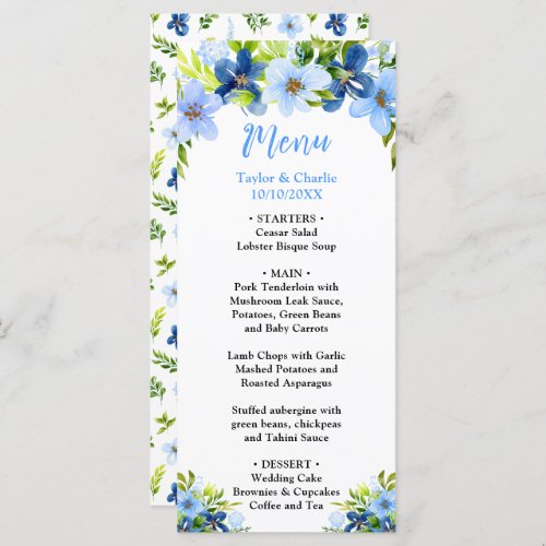 Navy and Baby Blue Floral Wedding Menu