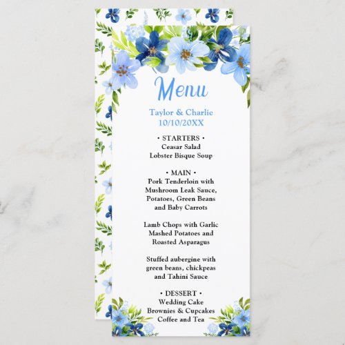 Navy and Baby Blue Floral Wedding Menu