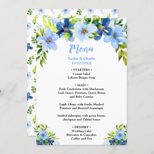 Navy and Baby Blue Floral Wedding Menu