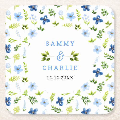 Navy and Baby Blue Floral Wedding Square Paper Coaster