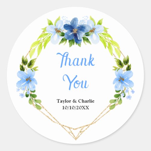 Navy and Baby Blue Floral Wedding Thank You Classic Round Sticker