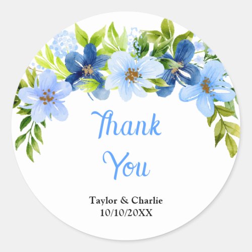 Navy and Baby Blue Floral Wedding Thank You Classic Round Sticker