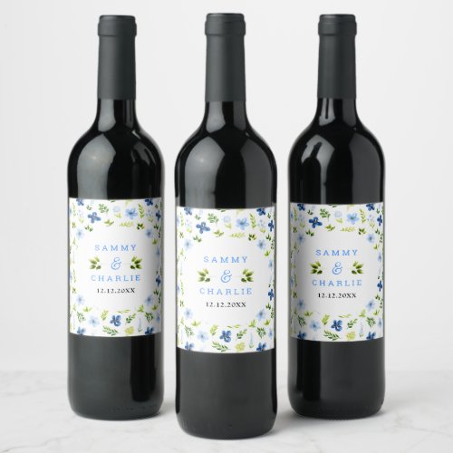 Navy and Baby Blue Floral Wedding Wine Label