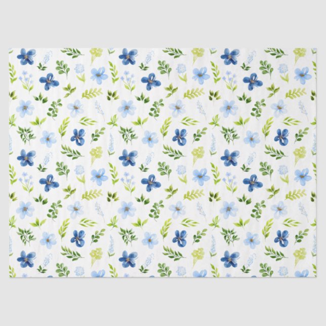 Navy and Baby Blue Flowers with Foliage Pattern Tissue Paper (Front)