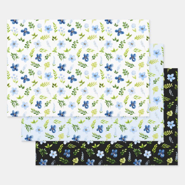Navy and Baby Blue Flowers with Foliage Pattern Wrapping Paper Sheets (Set)