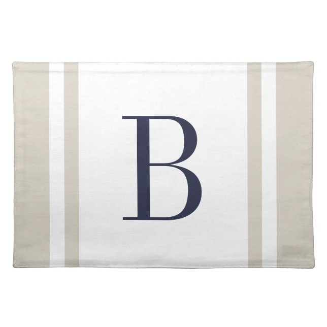 Navy and Beige Stripe Border Custom Monogram Placemat (Front)
