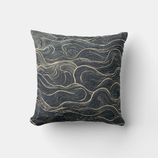 Navy and Beige Wave Line Art Throw Pillow