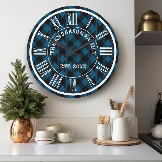 Navy And Black Buffalo Plaid Rustic Roman Numeral Large Clock (Creator Uploaded)