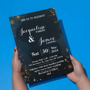 Navy and Black Night Sky Illustrative Wedding Invitation