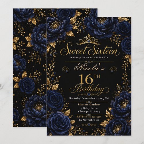 Navy and Black Sweet Sixteen Invitation