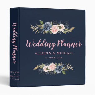 Navy and blossom pink floral wedding planner 3 ring binder