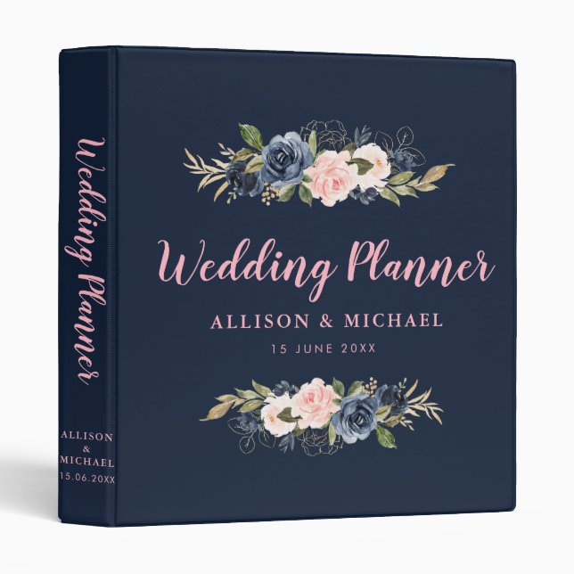 Navy and blossom pink floral wedding planner 3 ring binder (Front/Spine)