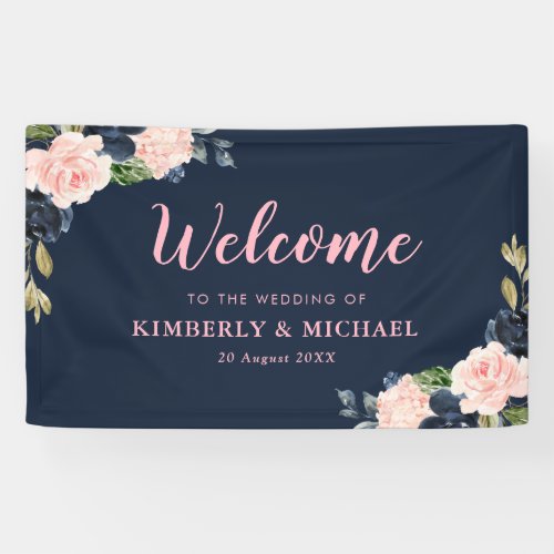 navy and blossom pink floral welcome wedding banner