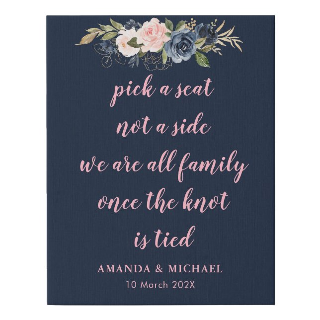 navy and blossom pink pick a seat wedding sign (Front)