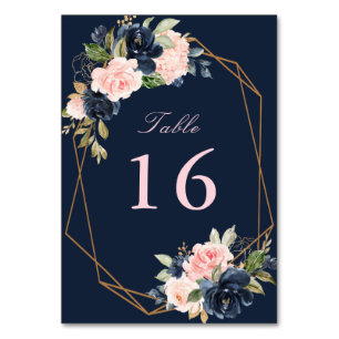 navy and blossom pink watercolor geometric wedding table number