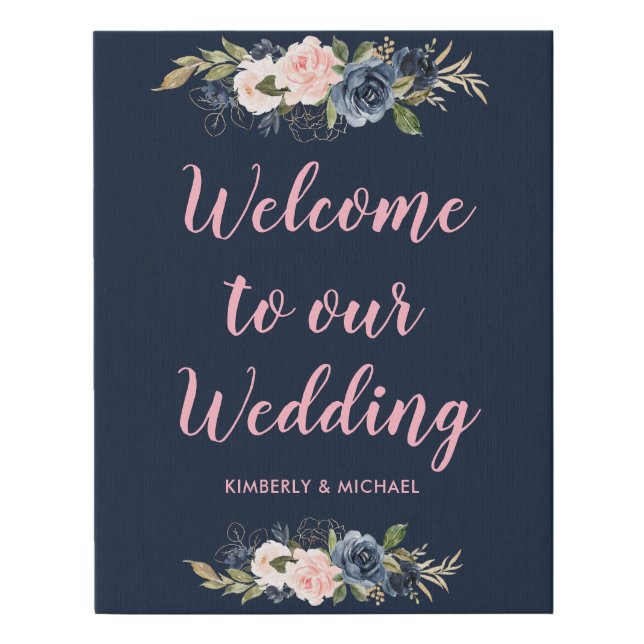 navy and blossom pink wedding welcome sign (Front)