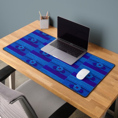 Navy And Blue Flower Leaves Artisan Crochet Print  Desk Mat