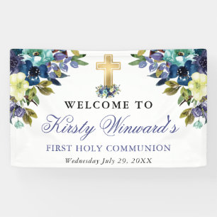 Navy and Blue Flowers 1st Holy Communion Banner