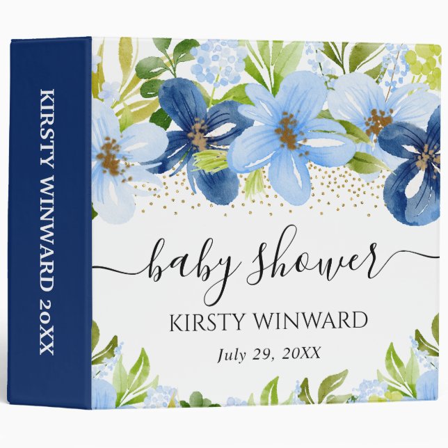 Navy and Blue Flowers Baby Shower Photo Album 3 Ring Binder (Front/Spine)