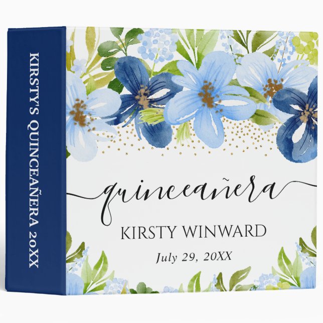 Navy and Blue Flowers Quinceanera Photo Album 3 Ring Binder (Front/Spine)