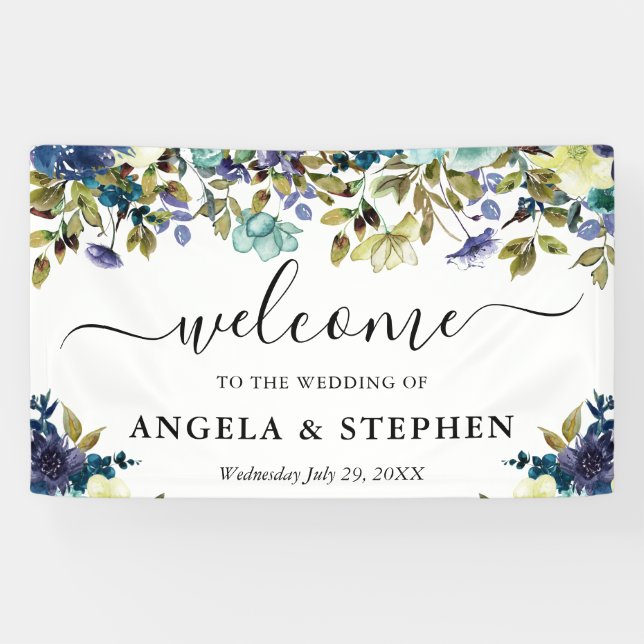 Navy and Blue Flowers Wedding Welcome Banner (Horizontal)