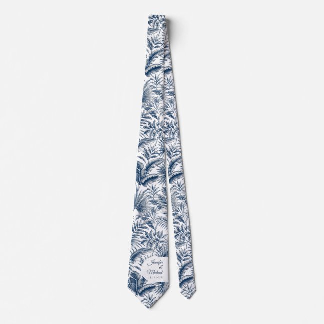 Navy and Blue Palm Tree Botanical Arch Wedding Neck Tie