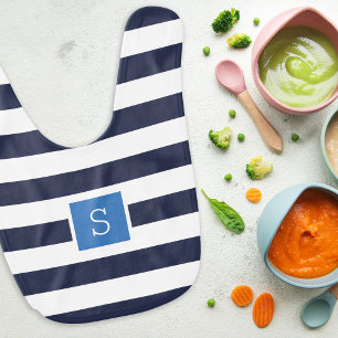 Navy and Blue Stripes Monogram   Editable Colors Baby Bib