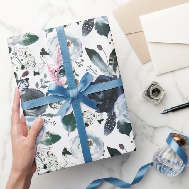 Navy and Blue Watercolor Roses Wrapping Paper (Gifting)