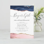 navy and blush agate baby gender reveal invitation (Standing Front)