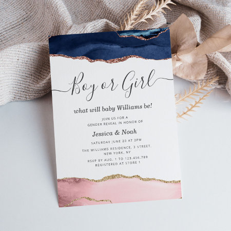 Navy And Blush Agate Baby Gender Reveal Invitation