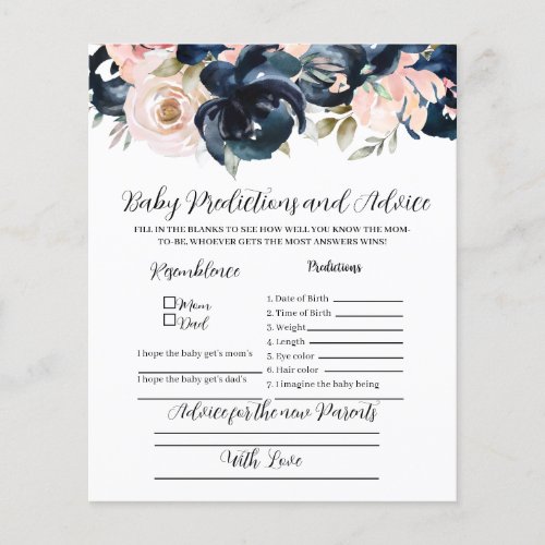 Navy and blush Baby predictions party game