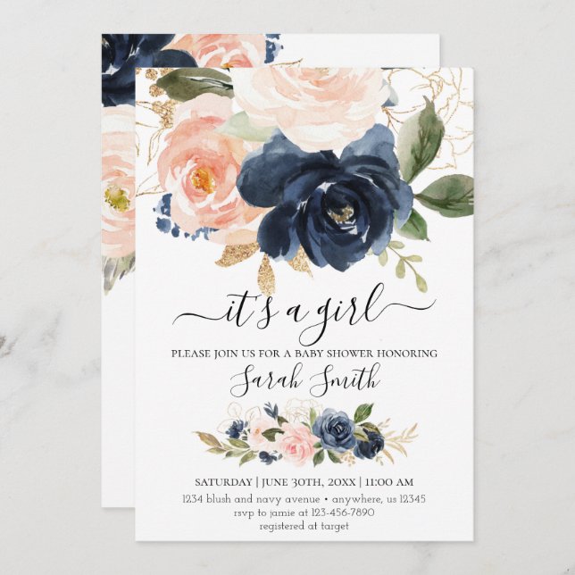 Navy and Blush Baby Shower Invitation (Front/Back)