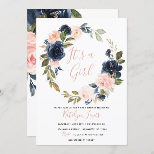 Navy and Blush Baby Shower Invitation for Girl