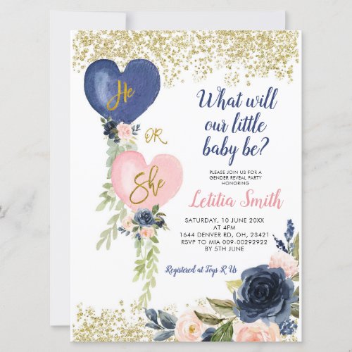 Navy And Blush Balloon Gender Reveal Invitation