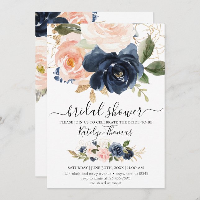 Navy and Blush Bridal Shower Invitation (Front/Back)