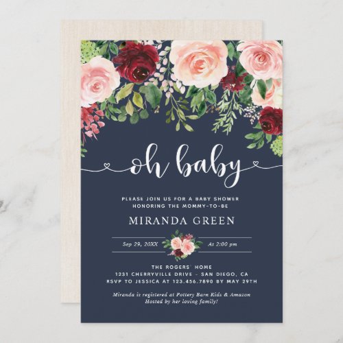 Navy and Blush Burgundy Floral Baby Shower Invitation