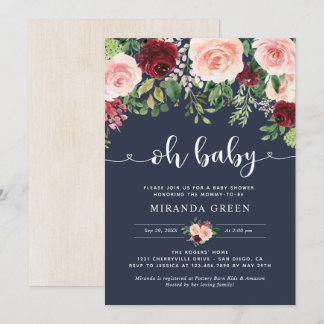 Navy and Blush Burgundy Floral Baby Shower Invitation
