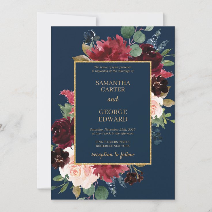 Navy And Blush Burgundy Floral Boho Gold Wedding Invitation Zazzle