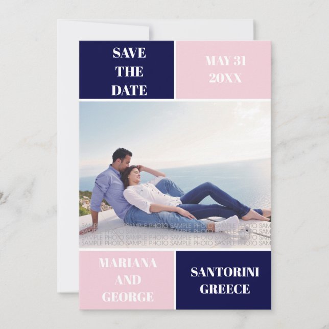 Navy and blush color block wedding Save the Date (Front)