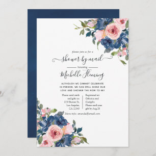 Navy and Blush Floral Baby Shower by Mail Invitation