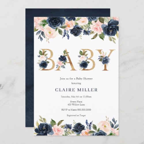 Navy and Blush Floral Baby Shower Invitation