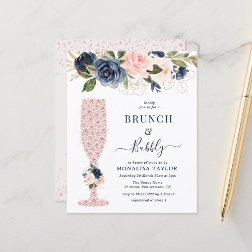 navy and blush floral bridal brunch invitation