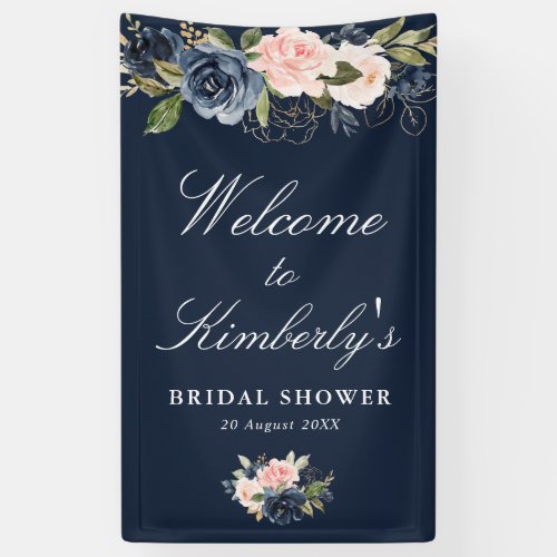 navy and blush floral bridal shower welcome sign