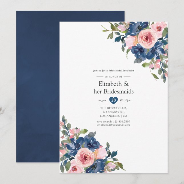 Navy and Blush Floral Bridesmaids Luncheon Invitation (Front/Back)