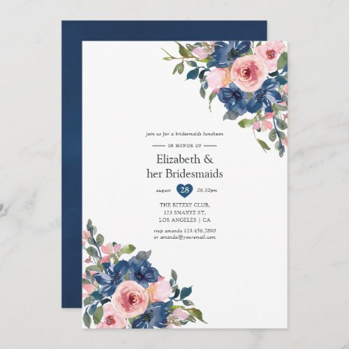 Navy and Blush Floral Bridesmaids Luncheon Invitation