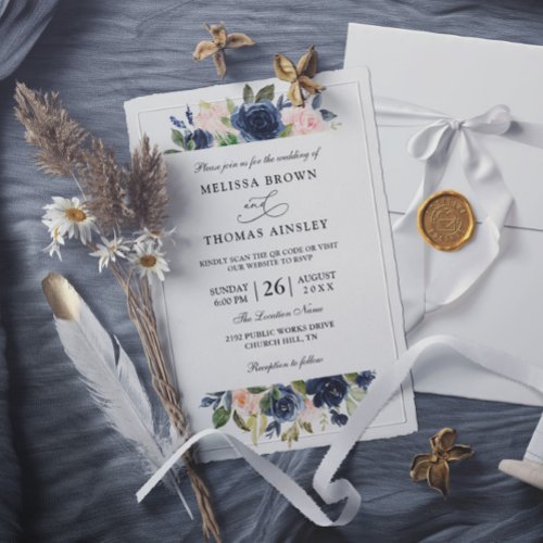 Navy And Blush Floral Budget QR Code Wedding Invitation