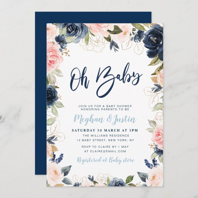 navy and blush floral couples baby shower invitation (Front/Back)