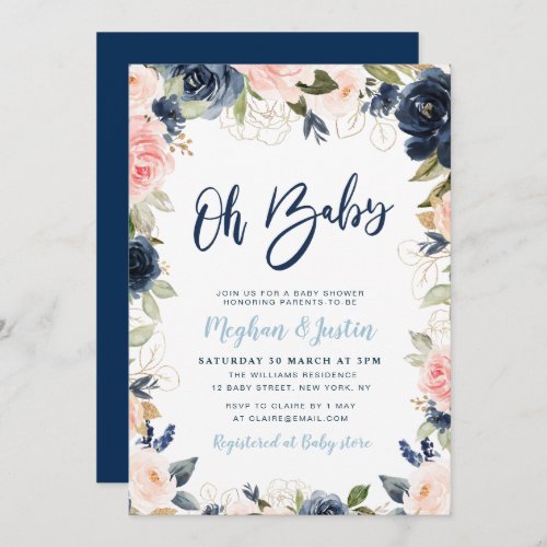 navy and blush floral couples baby shower invitation